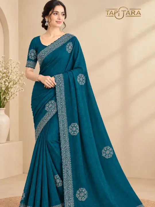 Swarovski Work Sarees in India featuring premium stonework designs and elegant bridal collections by Tapi Tara Surat.