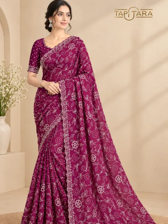 Swarovski Work Sarees in India featuring premium stonework designs and elegant bridal collections by Tapi Tara Surat.