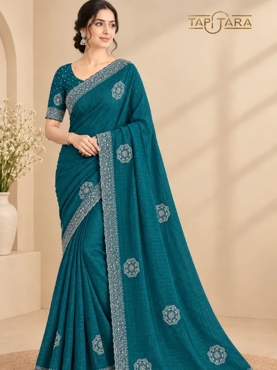 Swarovski Work Sarees in India featuring premium stonework designs and elegant bridal collections by Tapi Tara Surat.