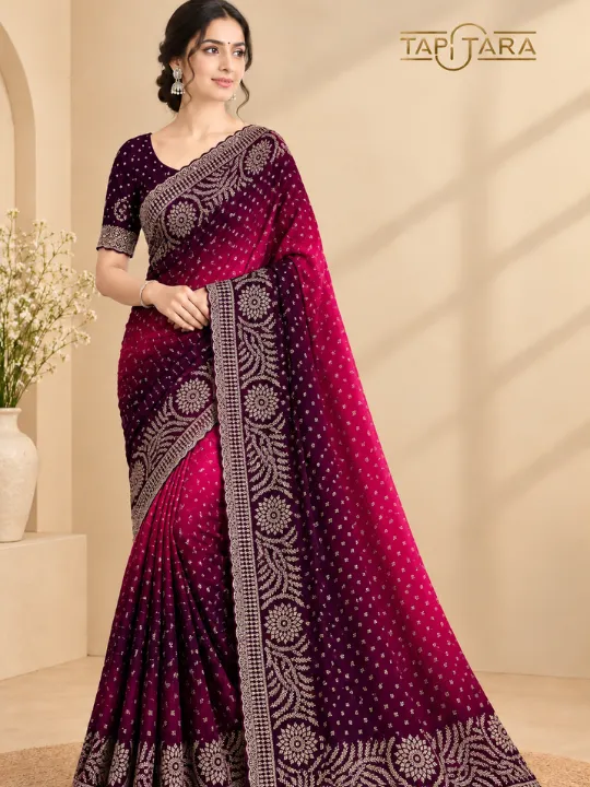 Swarovski Work Sarees in India featuring premium stonework designs and elegant bridal collections by Tapi Tara Surat.