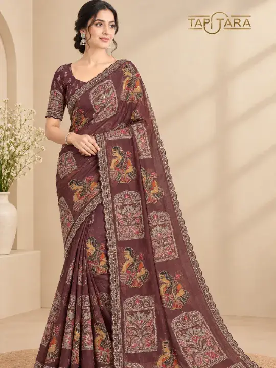 Swarovski Work Sarees in India featuring premium stonework designs and elegant bridal collections by Tapi Tara Surat.