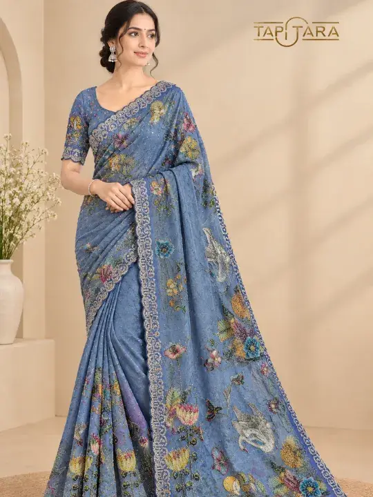 Embroidered Work Sarees in India featuring premium zari, threadwork and designer embroidery by Tapi Tara Surat.